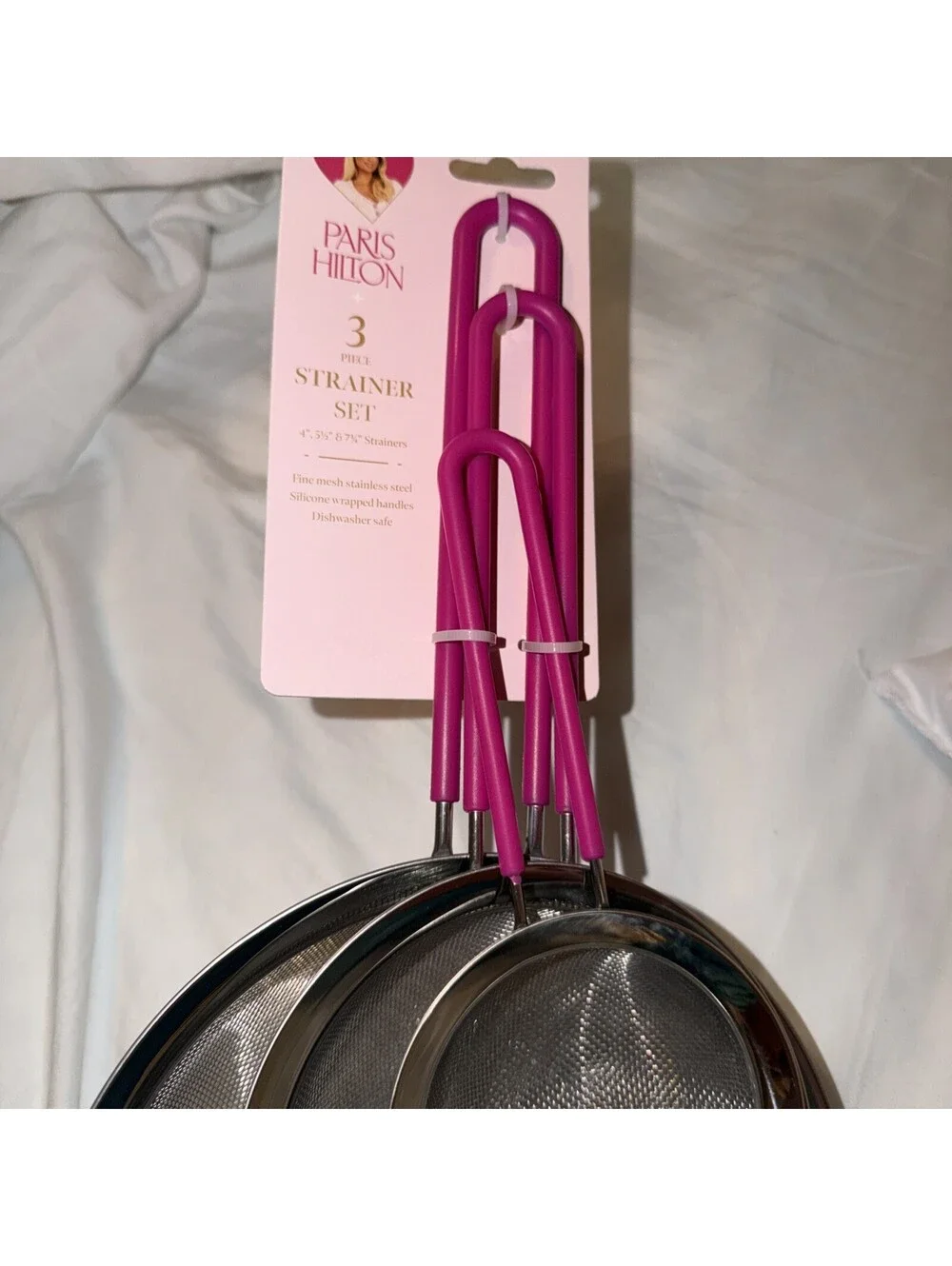 PARIS HILTON 3 Piece Stainless Steel Strainer Set With Pink Handles NWT